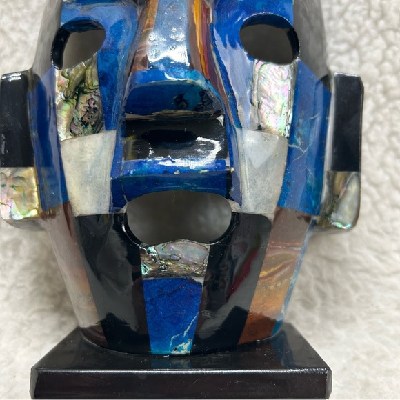 Oaxaca Mayan Aztec mosaic lapis black brown abalone burial decor mask stands 8.5 - Picture 5 of 14
